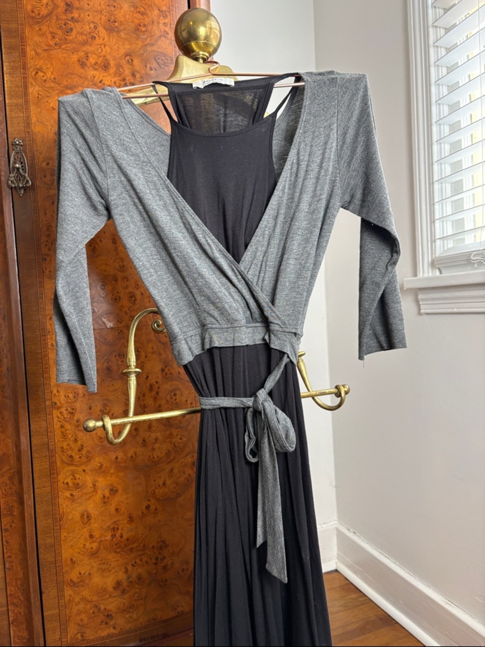 Anthropologie Bailey 44 Layered Wrap Midi Dress Tie Waist Gray Black Flowy